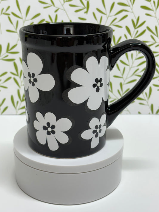 Mug-Black with Black&White Flowers
